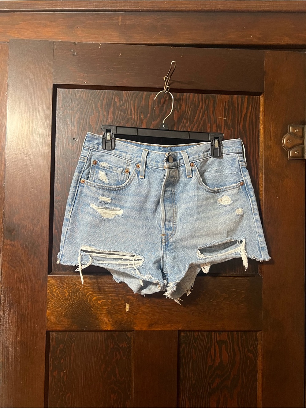 Distressed Light Blue Denim Jean Shorts - High Rise Casual Cut